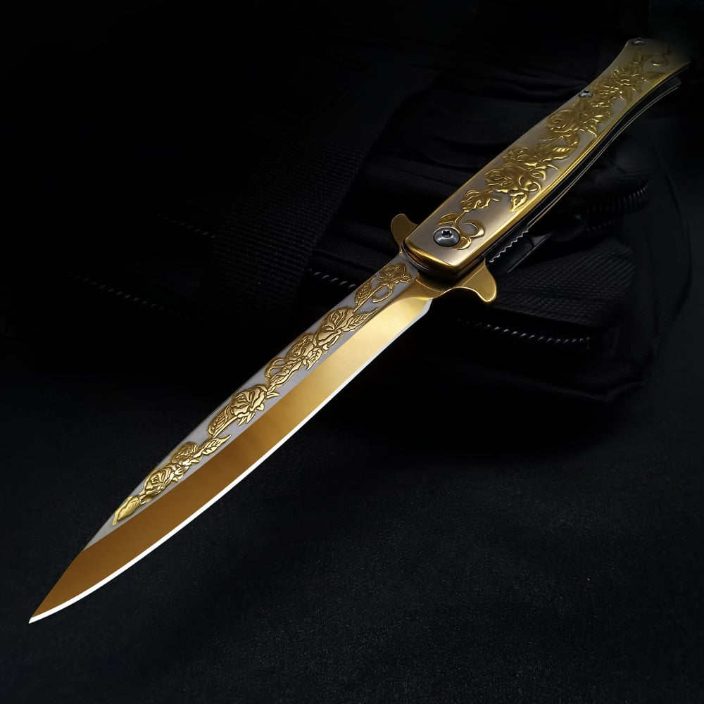 ⏰FREE SHIPPING NOW🔥🌹Vintage Luxury Gold Rose Design Spring Assisted Open EDC Blade Folding Survival Pocket Knife