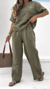 Women's Round Neck Short Sleeve Cotton and Linen Casual Suit