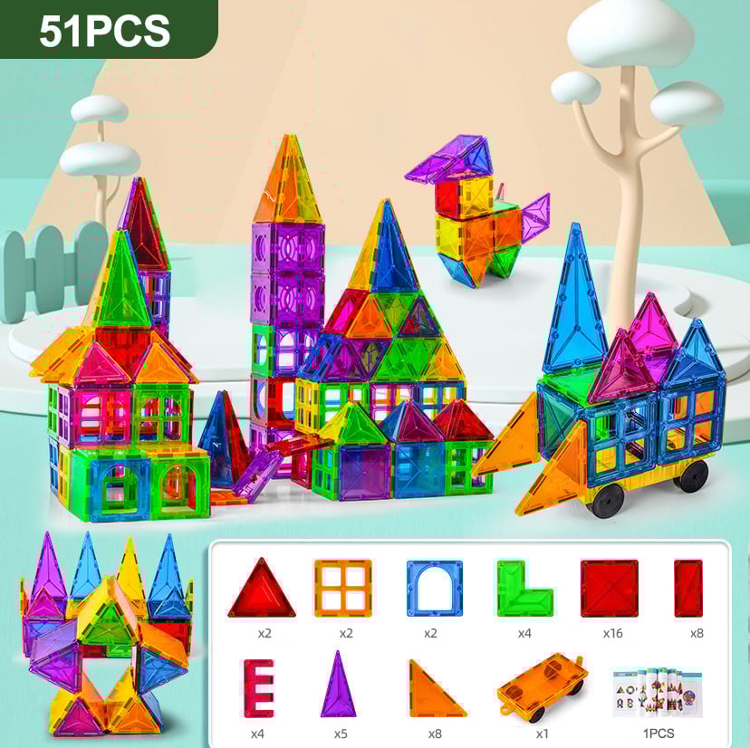 🔥LAST DAY SALE 49% OFF-100PCS Magnetic Tiles Set with 2 Cars, Magnetic Building Tiles