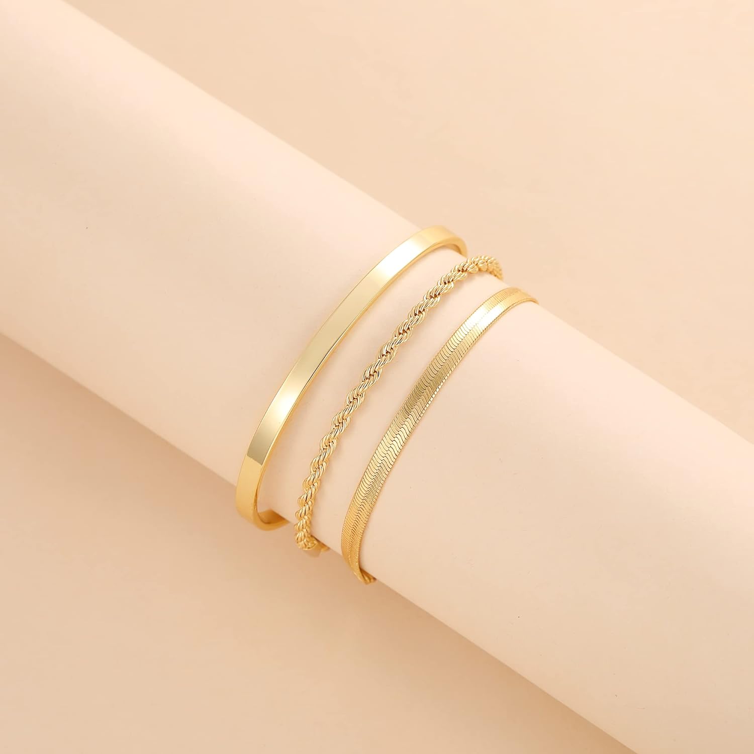 Moodear Gold Bracelet for Women 14K Real Gold Bracelet Sets for Women Dainty Snake Chain Bracelet Adjustable Cuban Link Bracelet for Women Cuff Bangle Gold Stackable Bracelets for Womens Jewelry Sets