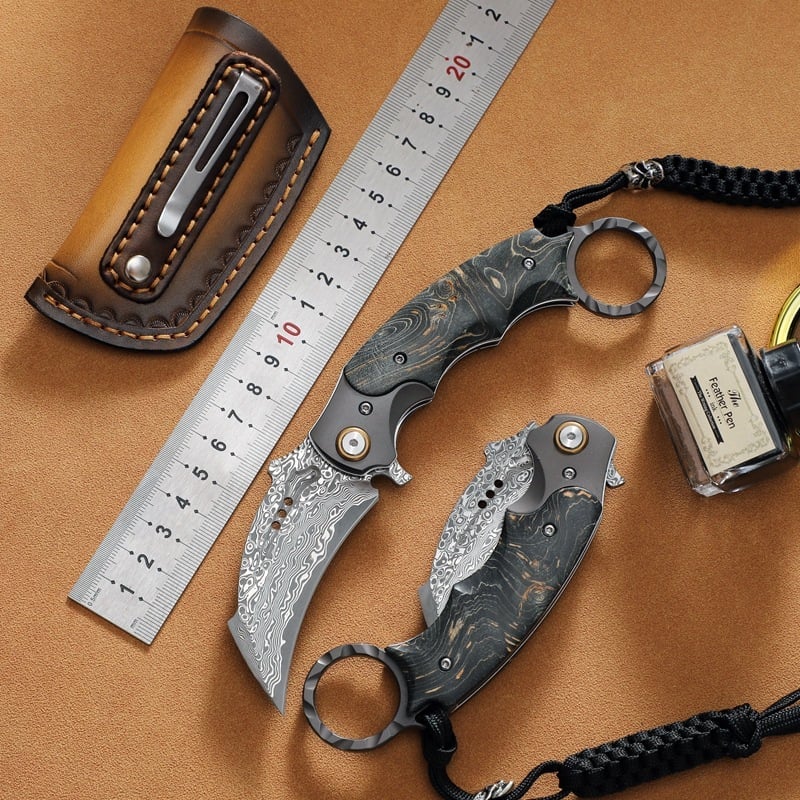 Handmade Damascus steel Folding Pocket EDC Knife-with cowhide sheath And pocket clip