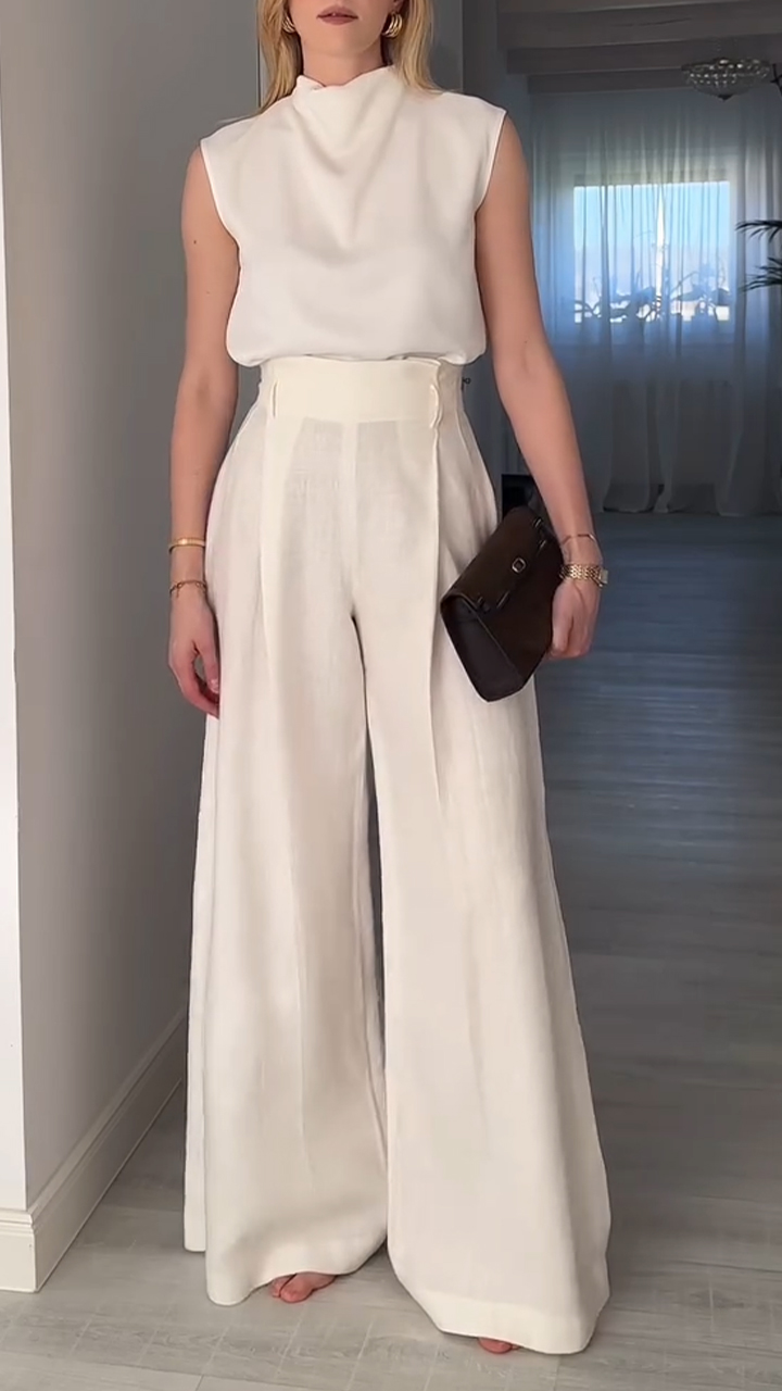 Women's Round Neck Sleeveless Cotton and Linen Casual Suit