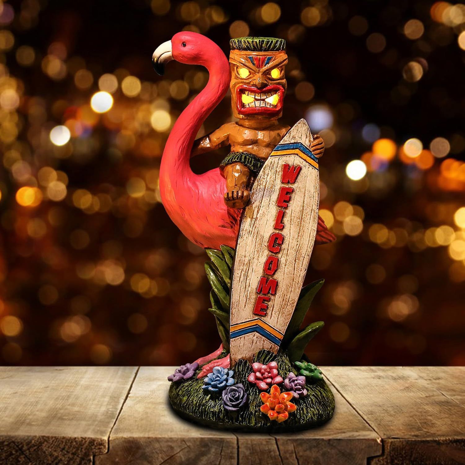 TIKI Riding on Flamingo，Flamingo solar lamp decoration