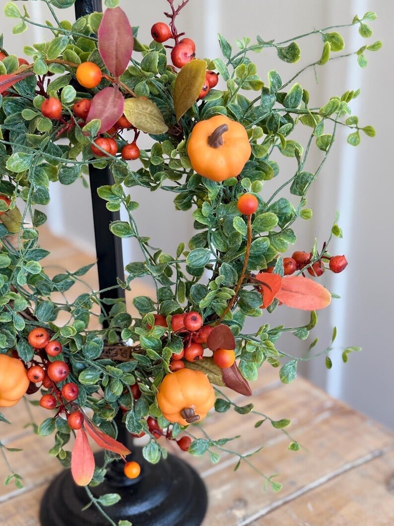 🍁Fall Harvest Sale: 60% OFF! Fall Candle Ring Wreath: Green Leaf Vine, Pumpkins & Berries - 14 Inch