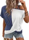 Dokotoo T Shirts for Women Twist Knot Color Block Loose Fit Cold Shoulder Tops for Women Fashion 2024