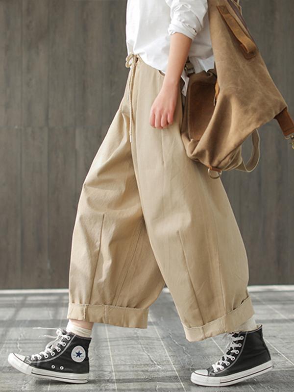 Odessa Vintage Loose Belted Ruffle Cotton Wide Leg Pants with Turnover Hems