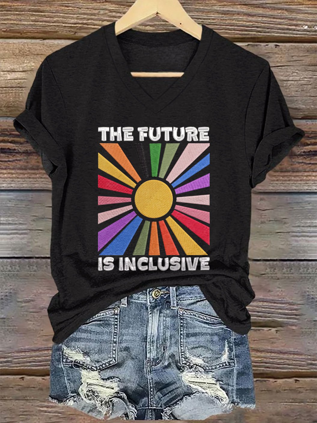 V-Neck Retro The Future Is Inclusive Print T-Shirt