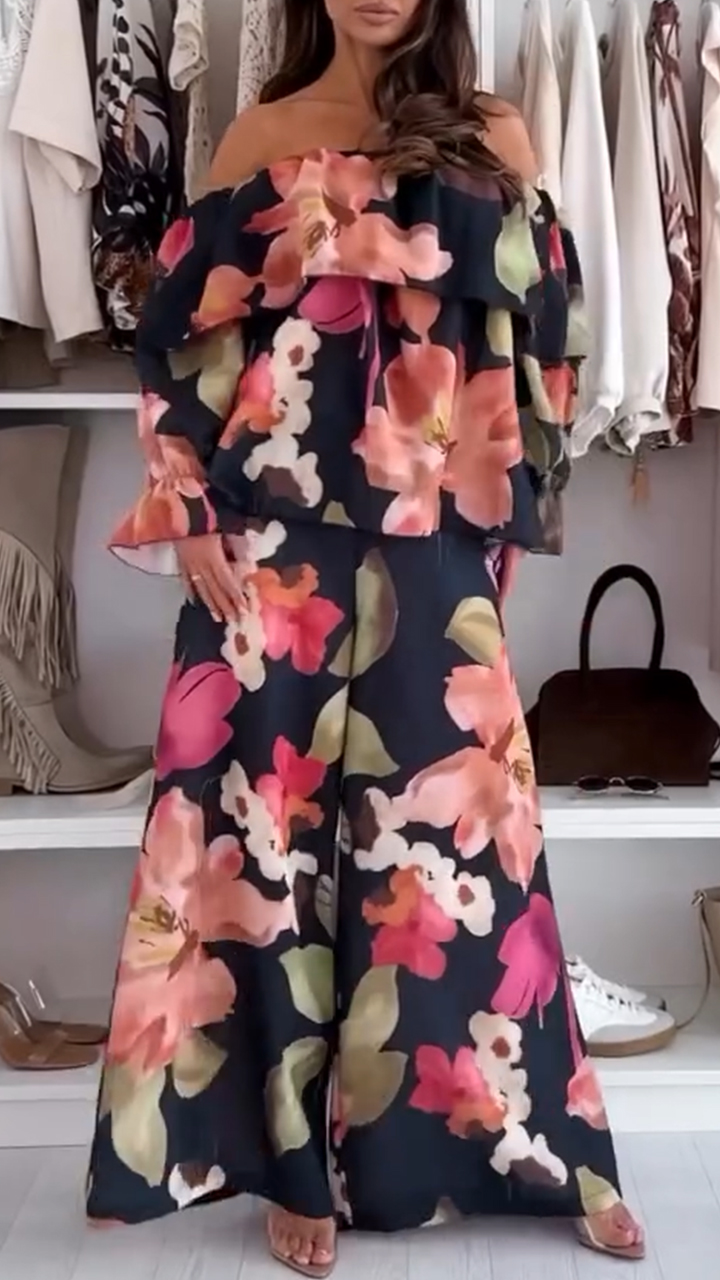 Women's One Shoulder Top + Printed Trousers Casual Set