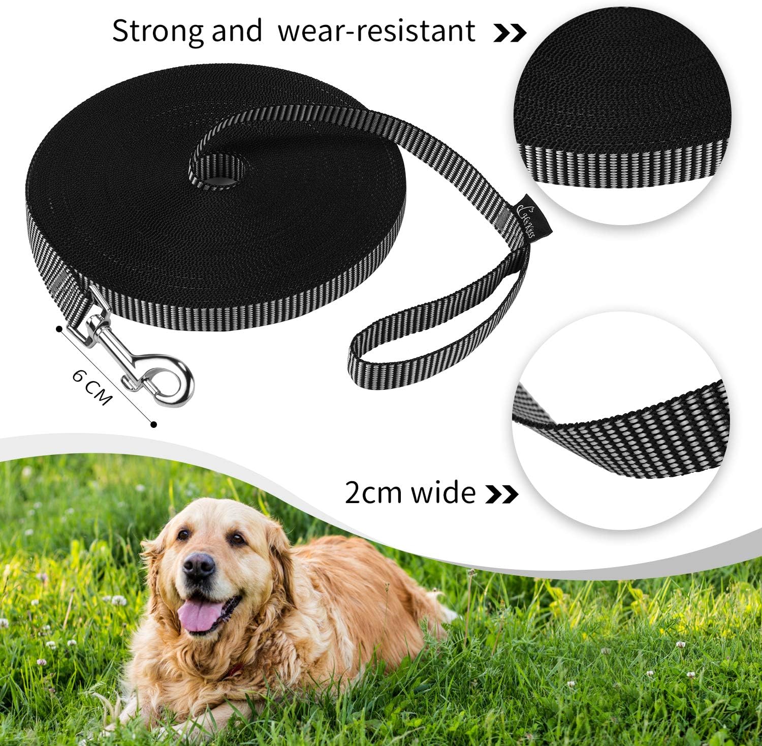 Hi Kiss Dog/Puppy Obedience Recall Training Agility Lead - 15ft 20ft 30ft 50ft 100ft Training Leash - Great for Play, Camping, or Backyard - Black 30ft