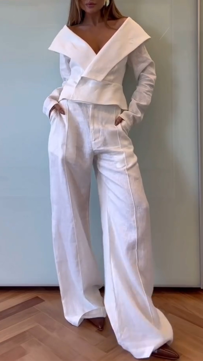 Ladies' V-neck Irregular Design Top+pants with A Casual Temperament Suit