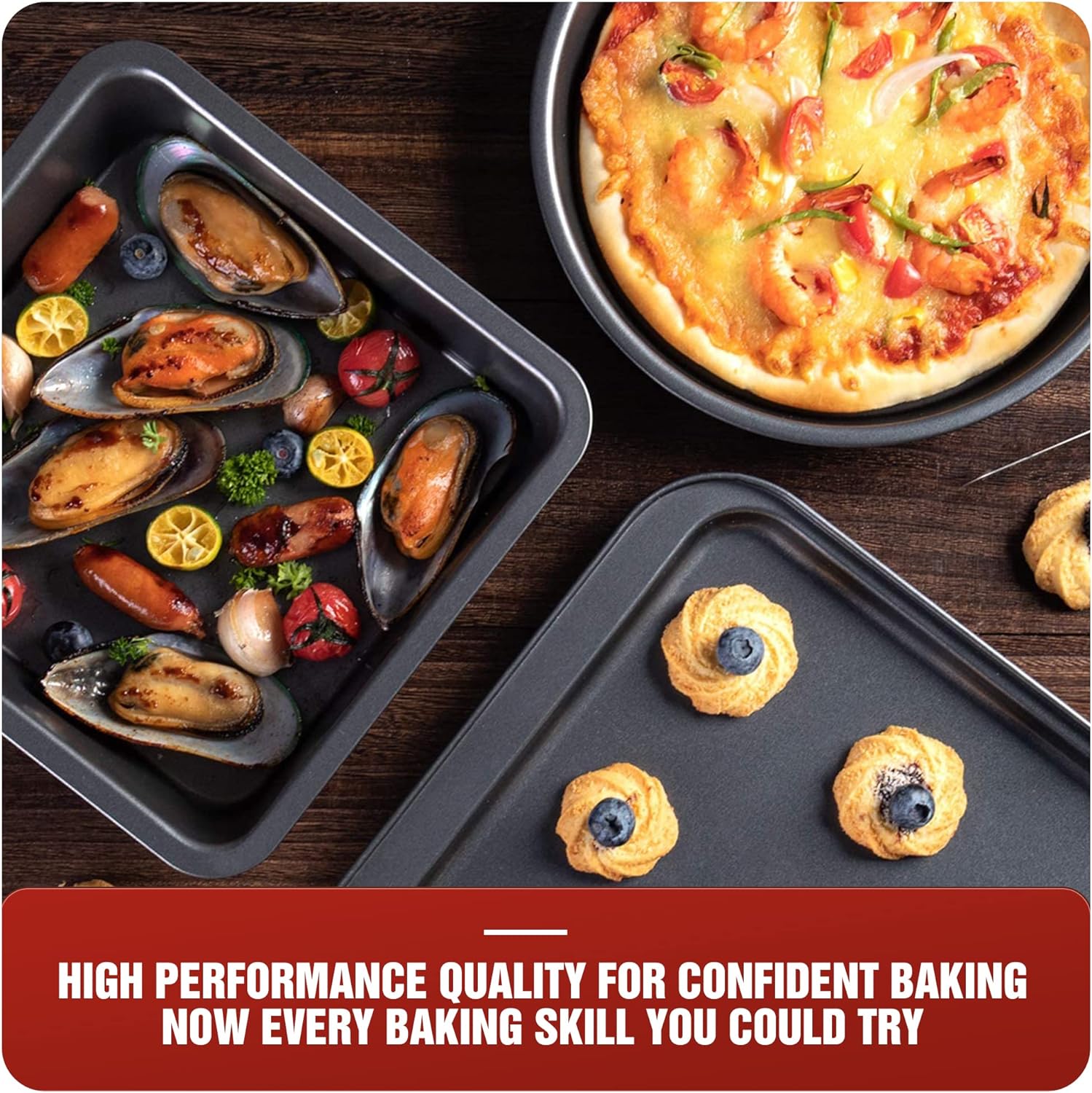 KITESSENSU Baking Pans Sets, Nonstick Bakeware Sets 7-Piece with Round/Square Cake Pan, Loaf Pan, Muffin Pan, Cookie Sheet, Roast Pan, Cooling Rack, Carbon Steel Bake Set