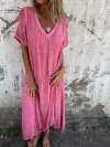 Women Cotton and Linen V-neck Midi Dress