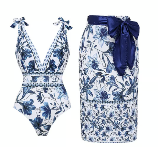 🏆Swimwear Bestsellers🏆 Einteiliger Badeanzug mit V-Ausschnitt und Bindeband-Print und Rock