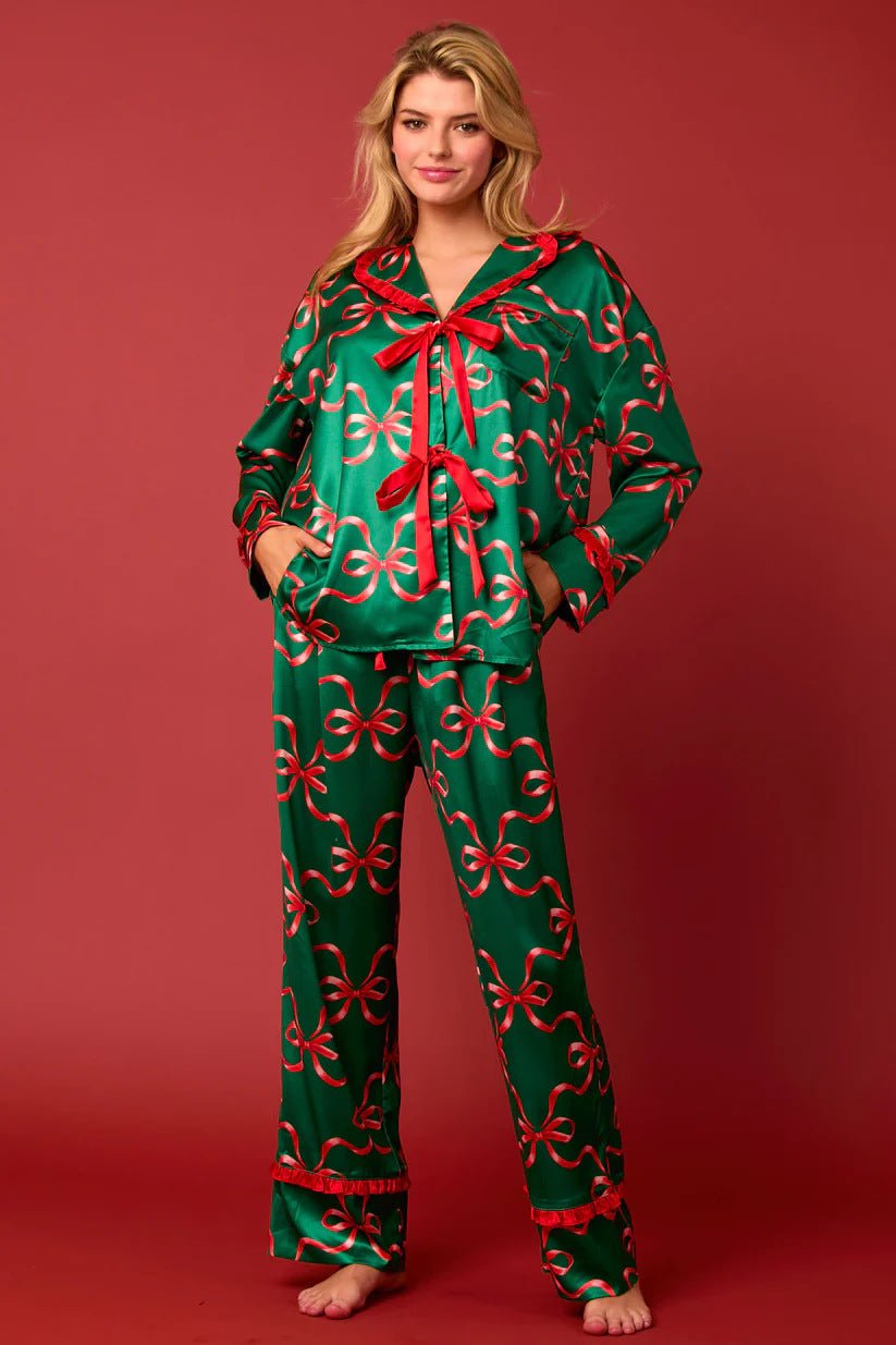 🎄TikTok Christmas Sale - 70% OFF🎉Green Christmas Pajama Set With Red Bow