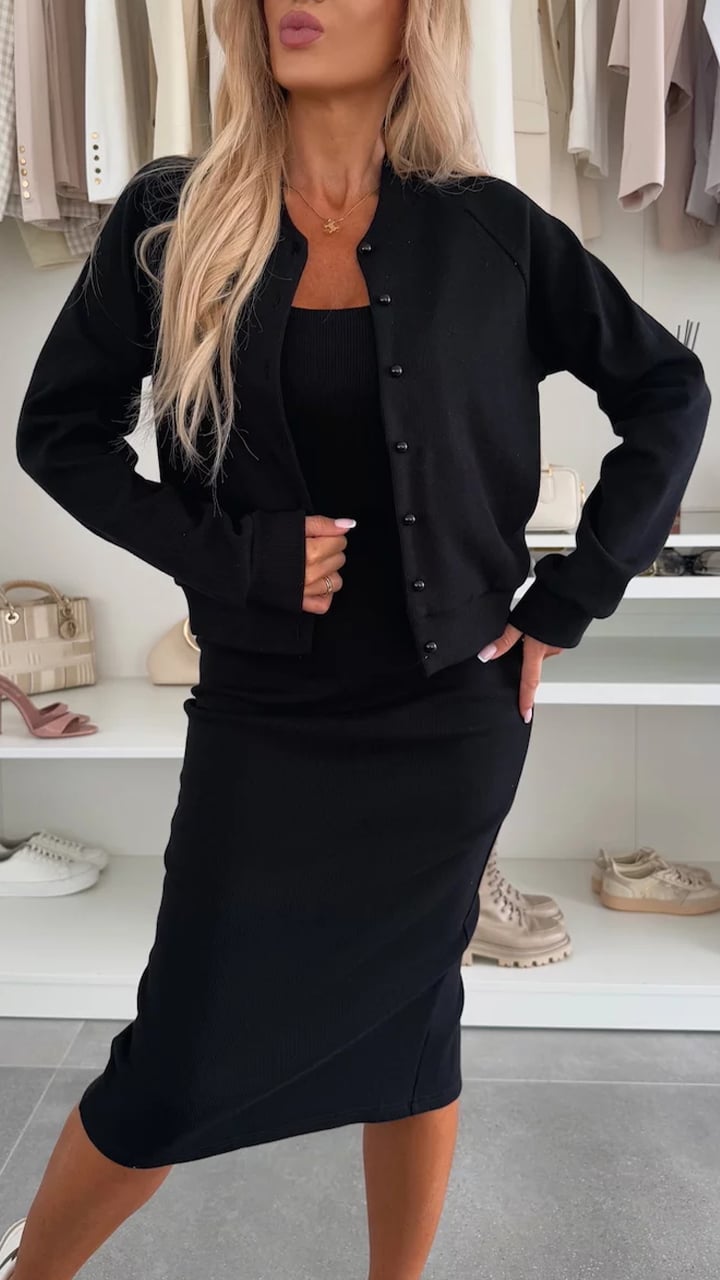Women's U-neck Dress + Sweater Cardigan Casual Suit