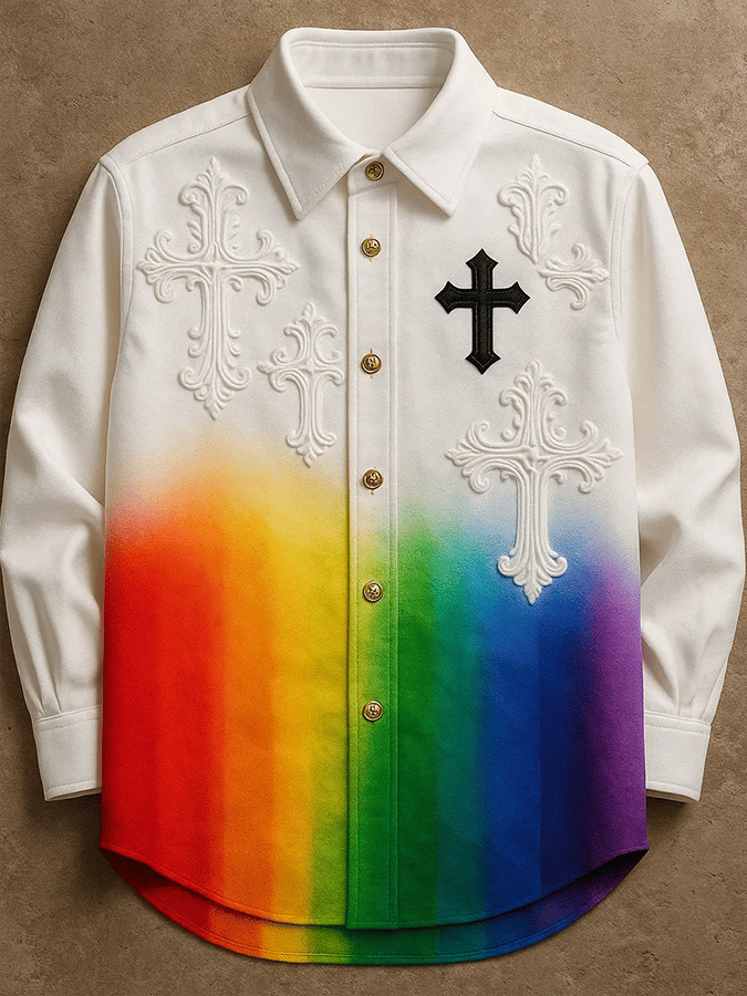 Men's Vintage  Rainbow Art Print Long Sleeve Shirt