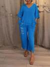 Women's V-neck Sequined Cotton and Linen Two-piece Suit
