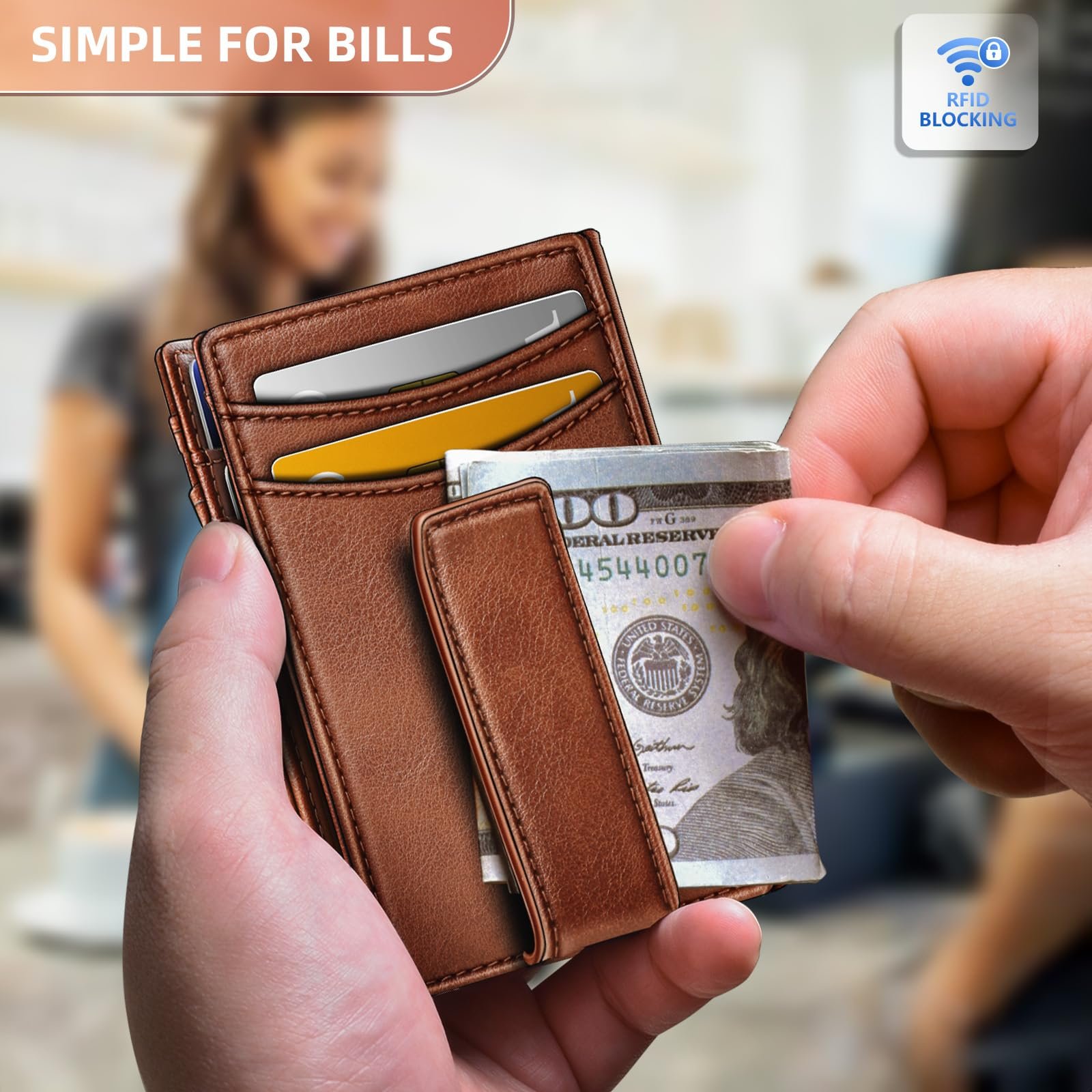 Magnetic Closure Slim Wallet-Microfiber Leather Front Pocket Wallet for Men,RFID Blocking,Holds 12 Cards and Money Clip