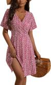 FENSACE Womens Sundress Summer Floral Short Sleeve Wrap V Neck A-Line Midi Dress