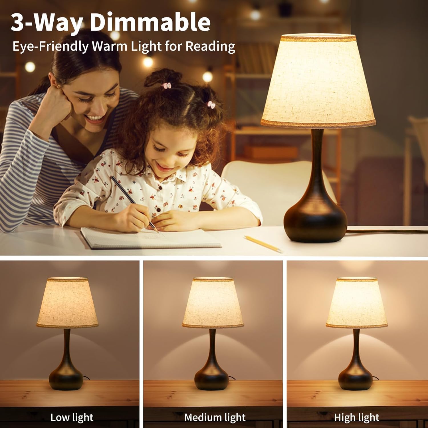 Touch Bedside Lamp for Bedroom, 3-Way Dimmable Farmhouse Table Lamps for Nightstand with Fabric Shade, Desk Lamp for Kids Reading, Home Office