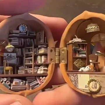 Handmade.🏠Walnut Shell doll house--mini library, tiny World inside walnuts