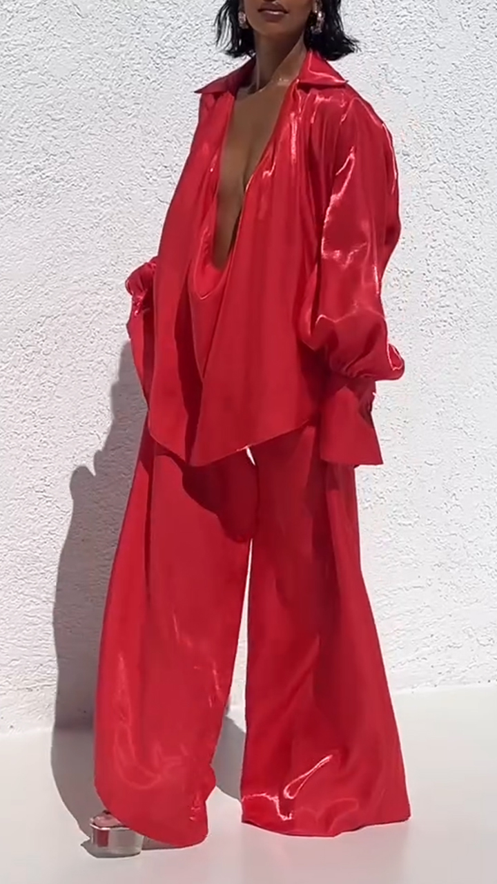 Women's V-neck Lapel Shiny Fabric Fashion Casual Suit