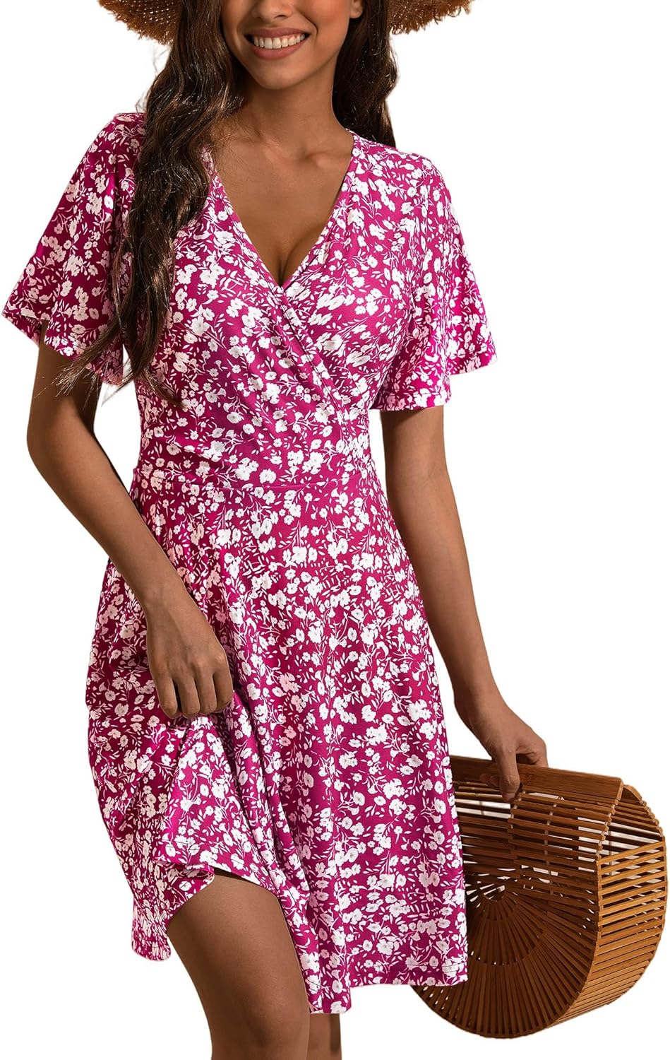 FENSACE Womens Sundress Summer Floral Short Sleeve Wrap V Neck A-Line Midi Dress