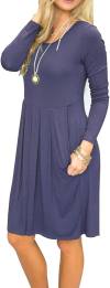 AUSELILY Women's Long Sleeve Pleated Loose Swing Casual Dress with Pockets Knee Length