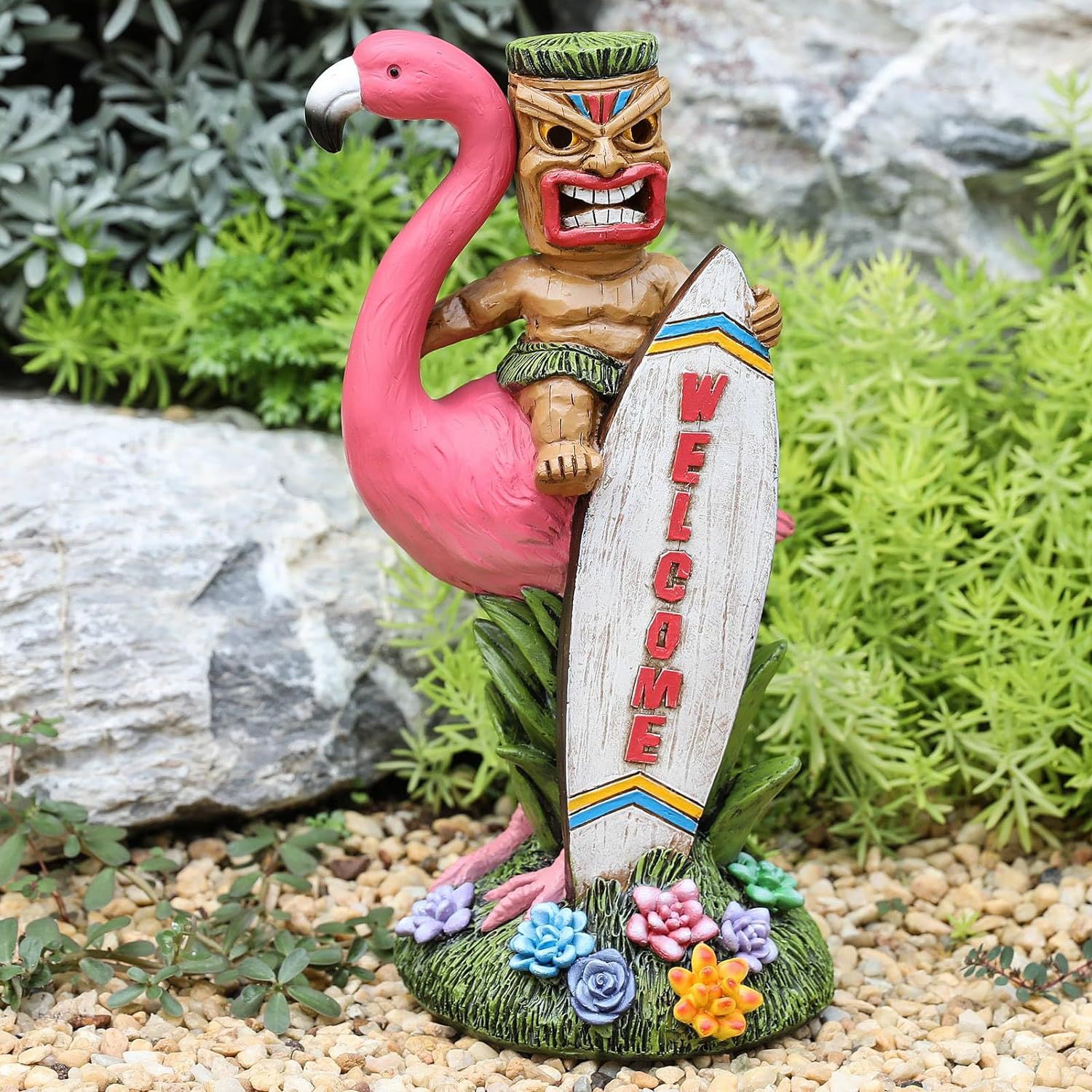 TIKI Riding on Flamingo，Flamingo solar lamp decoration