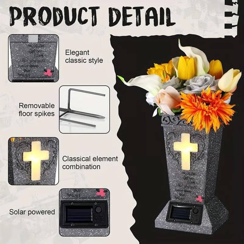 🎁TikTok Last Day Sale - 70% OFF🔥Solar-powered cross angel flowerpot solar-powered cemetery vase with LED