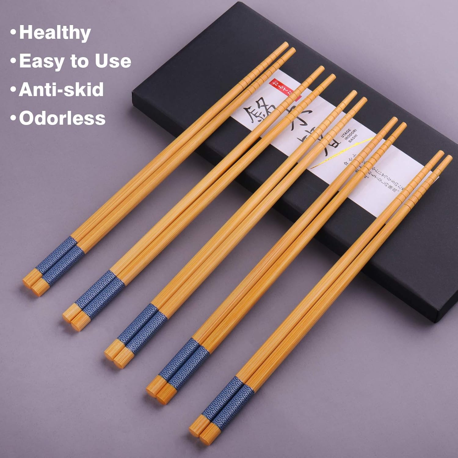 GLAMFIELDS Reusable Chopsticks Japanese Natural Wooden 5 Pairs Classic Style Lightweight Hand-Carved Safe Chop Sticks 8.8 Inch/22.5cm Gift Set