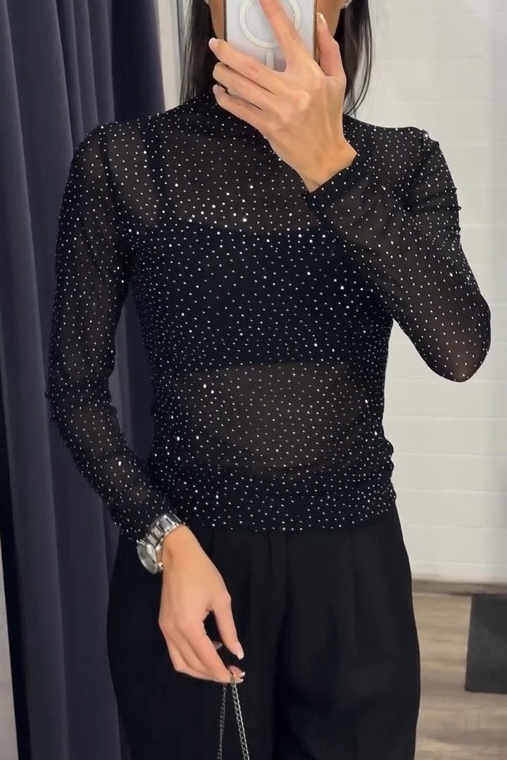Women's Fashion Half Turtleneck Full Diamond Slim Fit Top