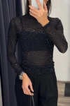 Women's Fashion Half Turtleneck Full Diamond Slim Fit Top