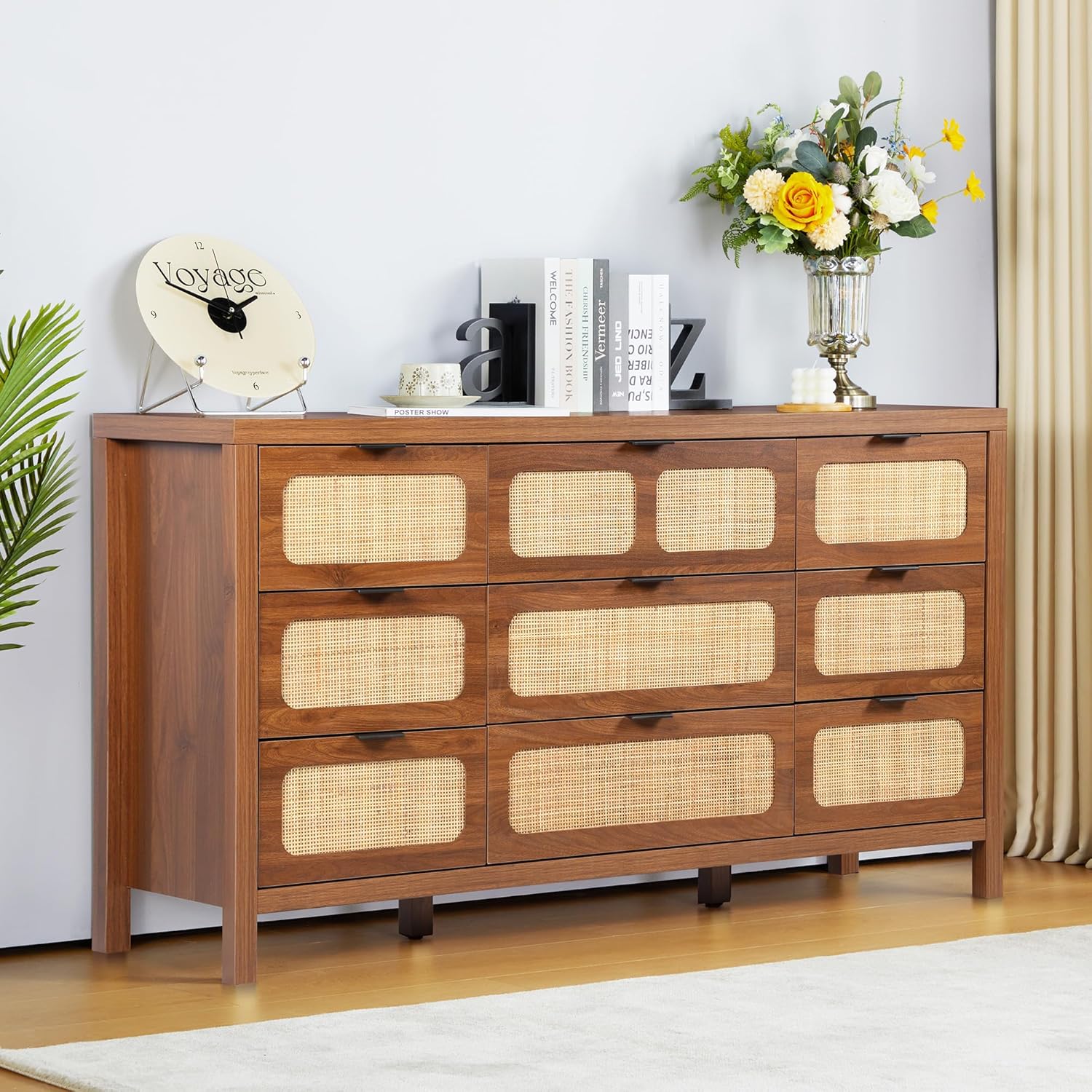 9 Drawer Dresser with Rattan Finish, Modern Farmhouse Chest of Drawers with Metal Handles, Accent Wood Storage Cabinet for Bedroom, Living Room and Kitchen (Natural)