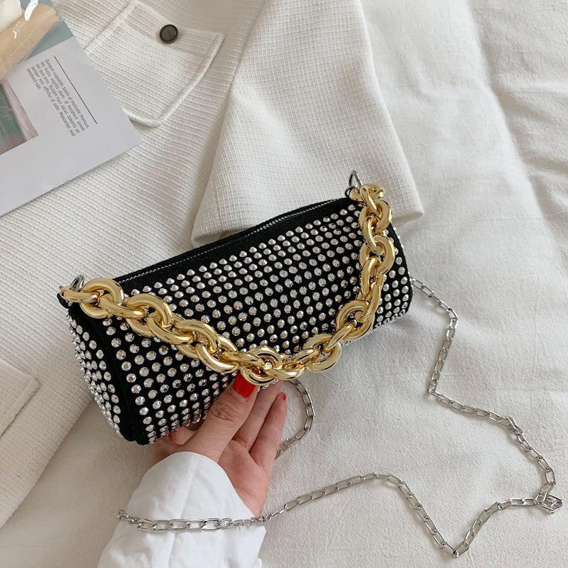 Women's shoulder bag full of diamonds, fashionable and versatile, bright diamond cylindrical bag