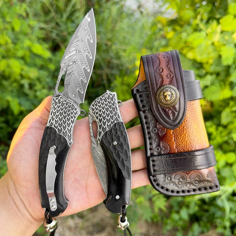 Damascus EDC Folding Knife with Sheath | Handmade Outdoor Hunting Tool