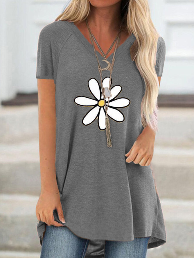 Hot style short sleeve V-neck T-shirt in flower print