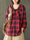 Letha Hooded Vintage Contrasting Plaid Print Single-breasted Baggy Cotton Shirt