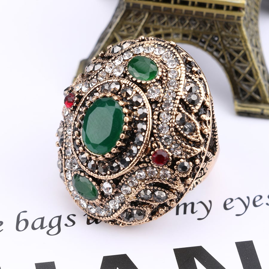 🔥Last Day 75% OFF🎁 Turkish Style Gold Color Antique Silver Plated Gary Crystal Vintage Ring