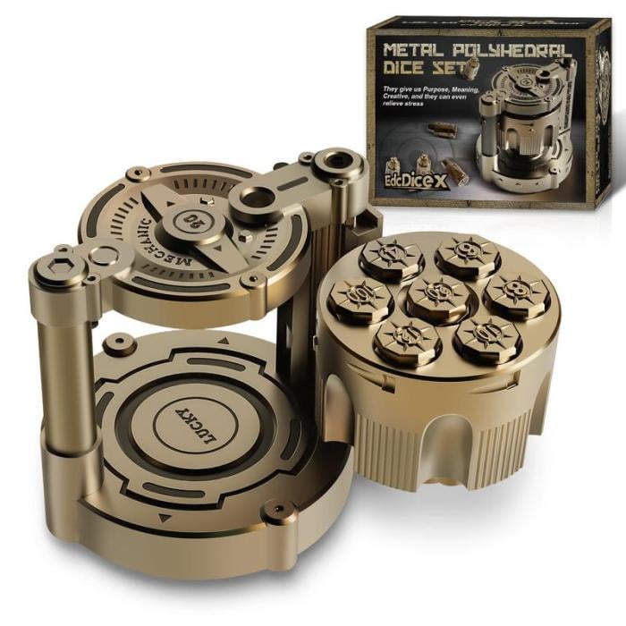 🔥Golden Metal Polyhedral Dice Set Toy of 7 with Spinning, Wheel Cylinder Container Metal Dice Set for DND,Cyberpunk Style Dice,Warhammer 40K,Sci-Fi,Adventure,or Mystery Theme Tabletop Games