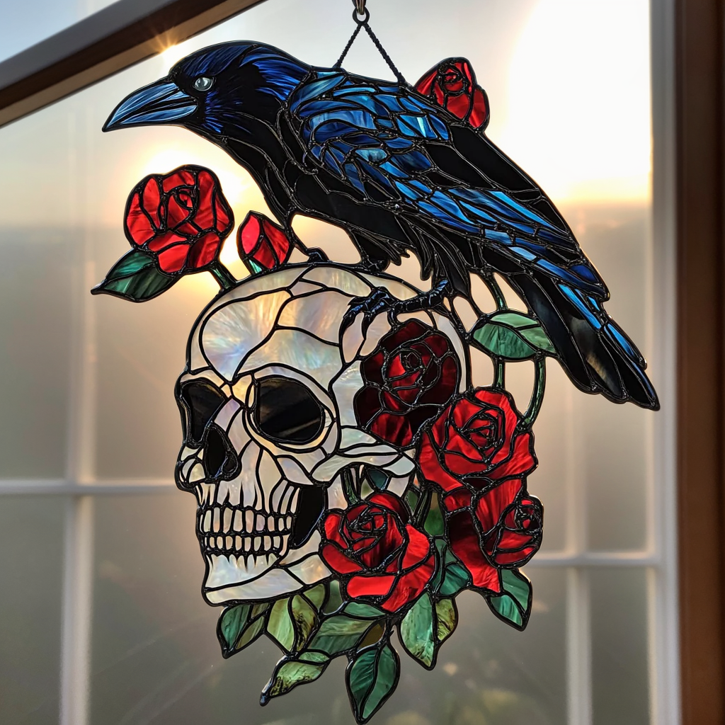 💀Handcrafted Glowing Raven Skull Window Hanging Suncatcher