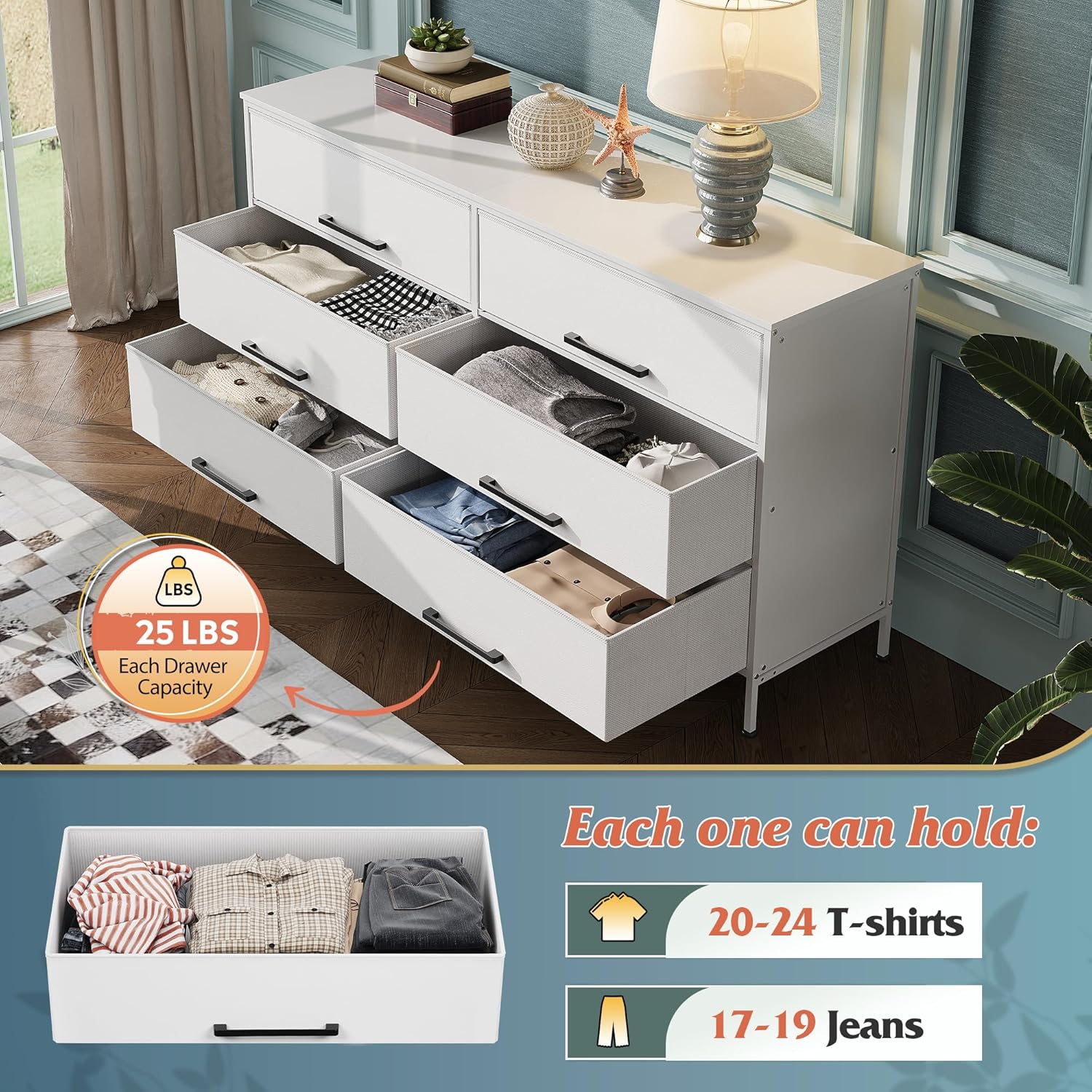 WLIVE Wide Fabric Dresser, 6 Drawer Dresser TV Stand for 60