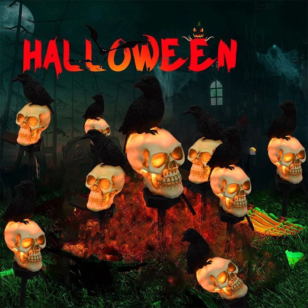 💀 Halloween Skull Solar Lights with Crow – Spooky Outdoor Decor