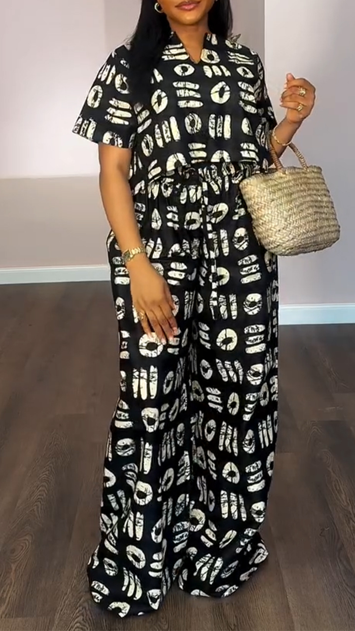 Ladies' V-neck Printed Top and Pants Casual Set