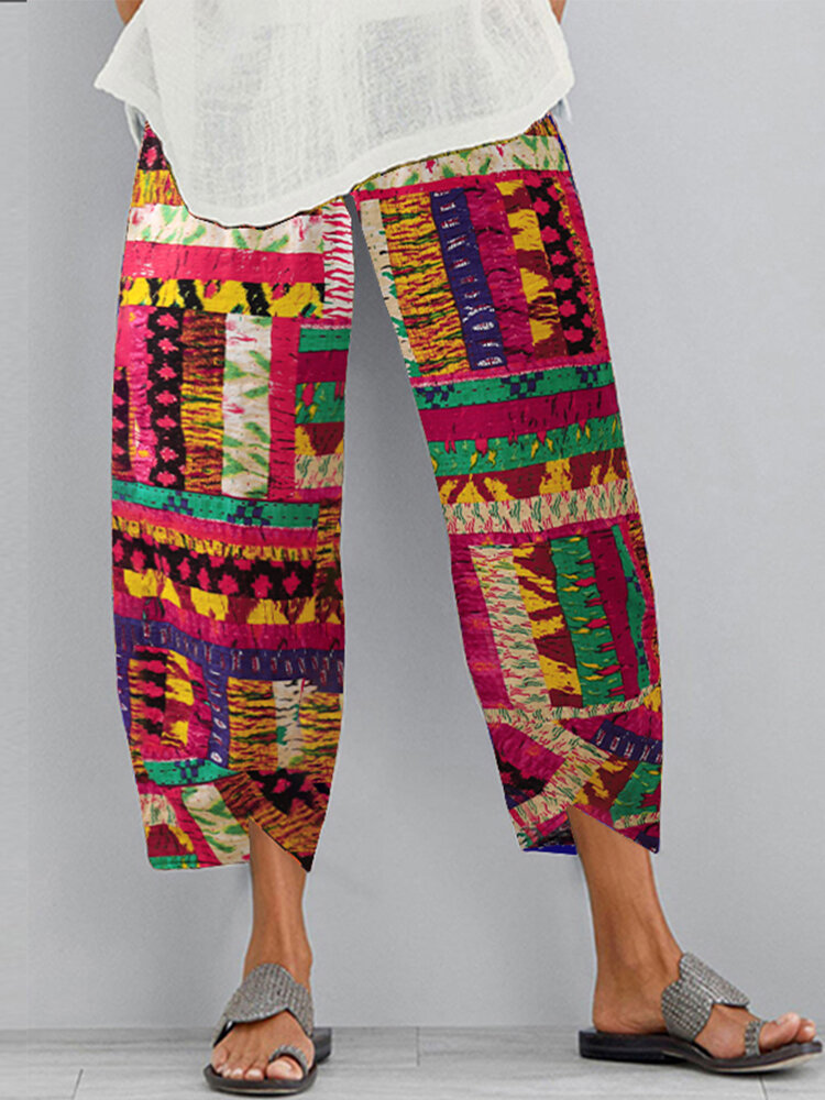 Women Irregular Rendering Printed Colourful Ethnic Pocket Pants