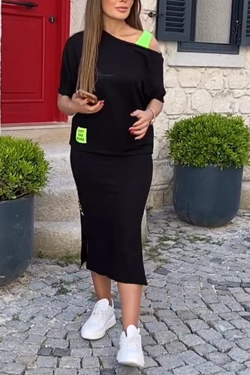 Women's Casual Contrast Color Fake Two-piece Off-Shoulder Top & Casual Stretch Contrast Color Letter Web Slit Slim Skirt