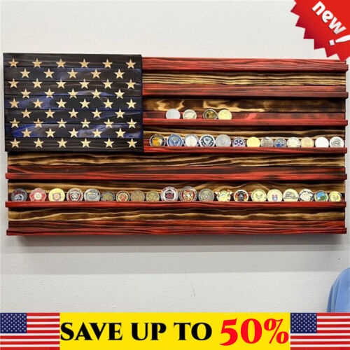 Vintage American Flag Solid Wood Wall Mounted Challenge Coin Display Holder Rack