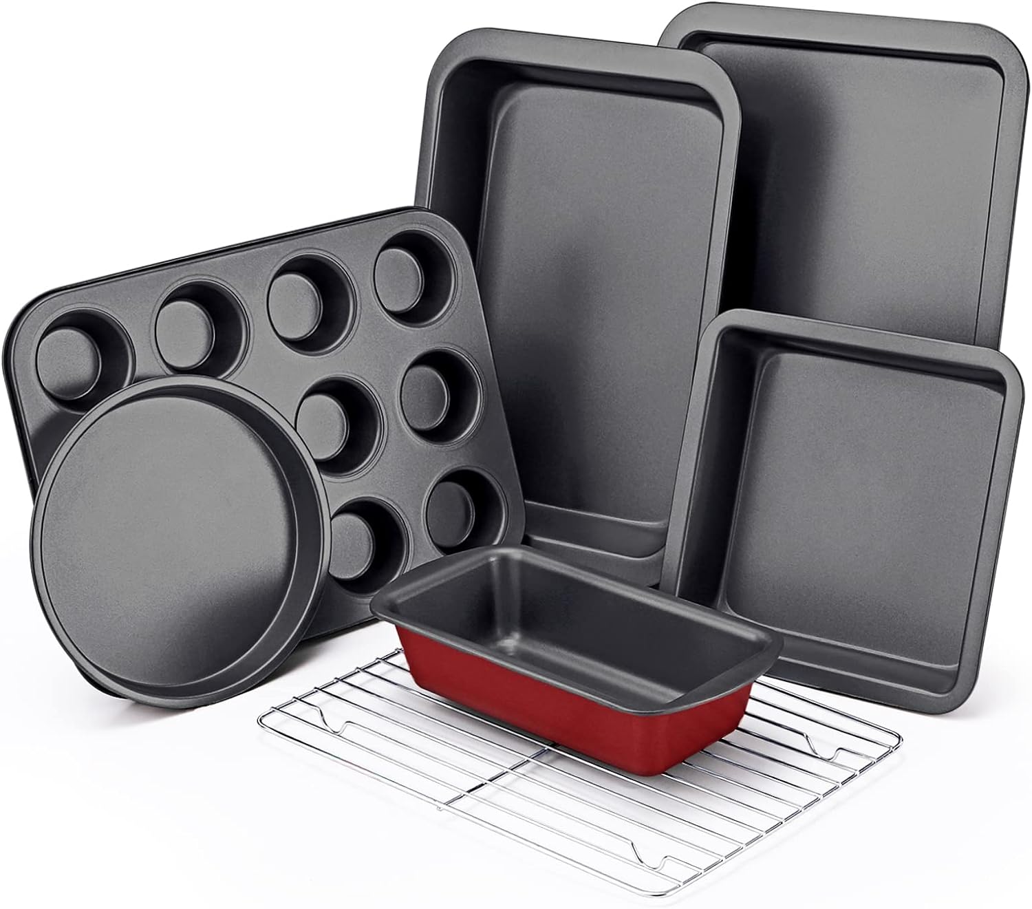 KITESSENSU Baking Pans Sets, Nonstick Bakeware Sets 7-Piece with Round/Square Cake Pan, Loaf Pan, Muffin Pan, Cookie Sheet, Roast Pan, Cooling Rack, Carbon Steel Bake Set