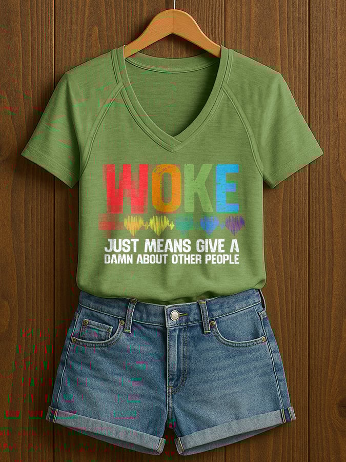 V-Neck Retro Women Woke Just Means Give A Damn About Other People Print T-Shirt