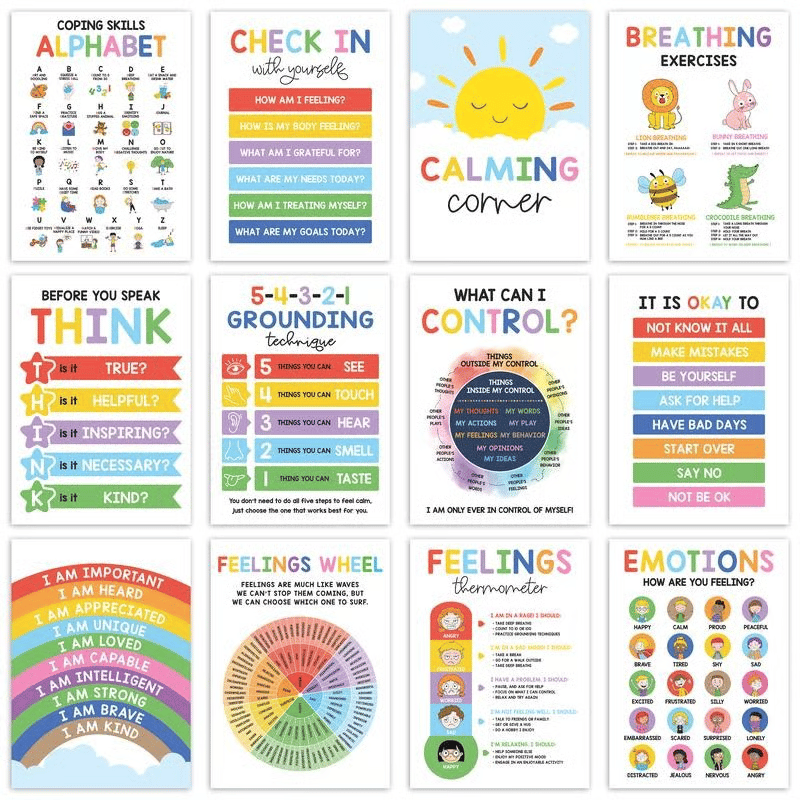 ⏰LAST DAY SALE 50% OFF💥12 Pcs Calming Corner Posters – Emotions Chart & Feelings Wheel